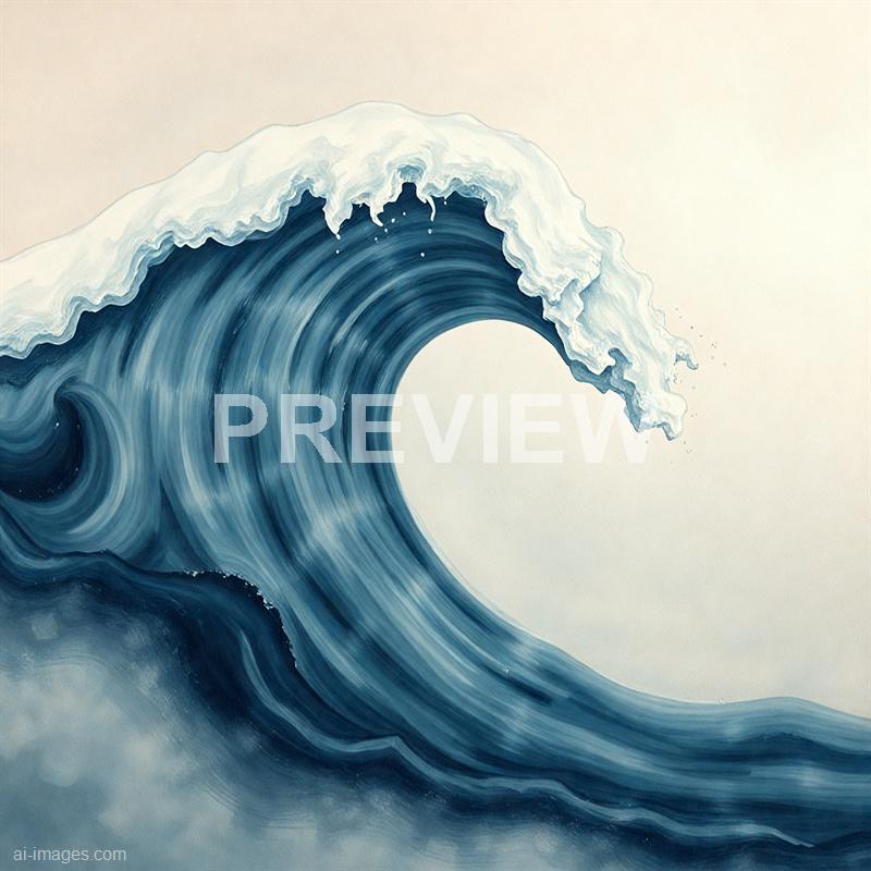This is an artistic depiction of a large, powerful ocean wave captured mid-crest, with detailed, flowing water that appears to be in motion. The wave is painted in shades of blue and white, with frothy, white foam at the top and a smooth, swirling body that emphasizes its size and energy. The background is a soft, neutral tone, which highlights the wave as the central focus of the image.